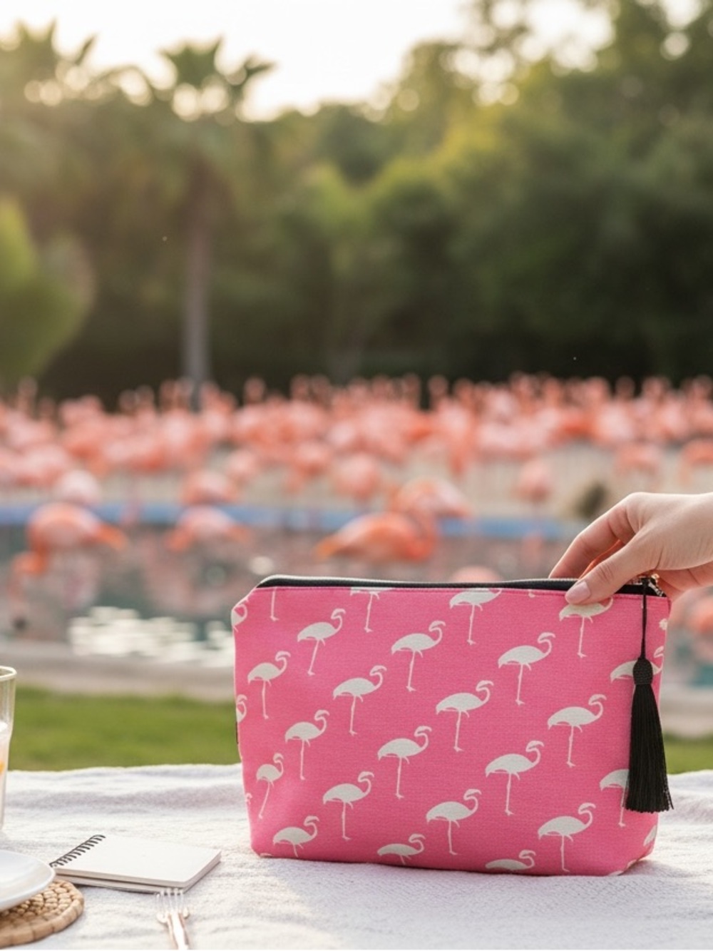 Flamingo set of 2 cosmetics bags in a shiny pink fabric
